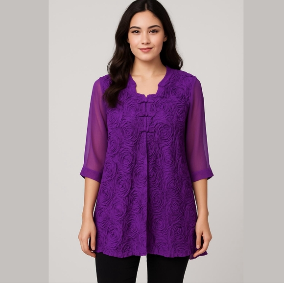 Pretty Angel Tops - Pretty Angel Purple Chiffon Gauzey Silk Blend Rosette Detail Tunic L  NWT